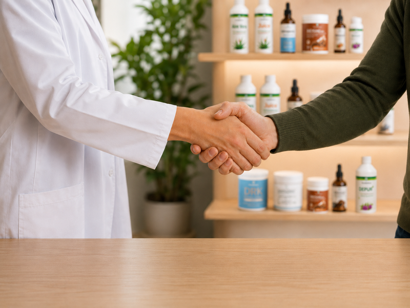 Stretta di mano tra due professionisti all’interno di una farmacia o parafarmacia moderna, con scaffali espositivi e prodotti sullo sfondo.