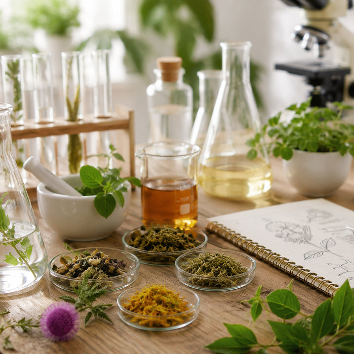 Laboratorio botanico con estratti vegetali, piante officinali e strumenti per lo studio della linea Depurativi