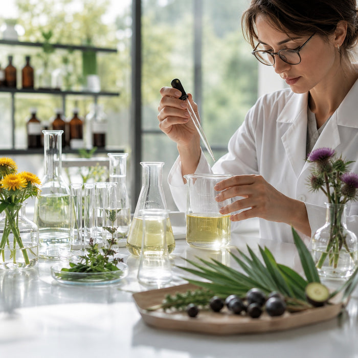 Tecnica di laboratorio sviluppa una formula liquida con estratti vegetali selezionati