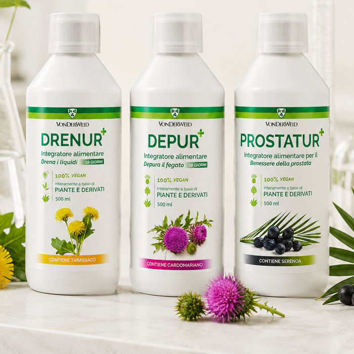 Prodotti liquidi Drenur, Depur e Prostatur della linea Depurativi Vonderweid