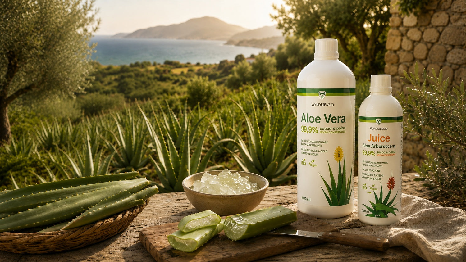 Coltivazione mediterranea di Aloe con foglie fresche, gel naturale e prodotti Aloe Vera e Aloe Arborescens Vonderweid.