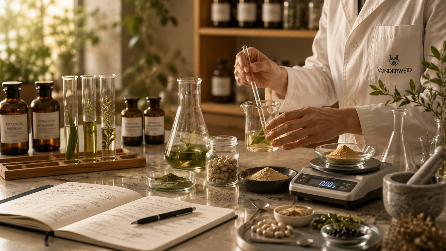 Formulazione di integratori naturali in laboratorio con estratti vegetali, polveri, capsule, strumenti in vetro e bilancia di precisione.