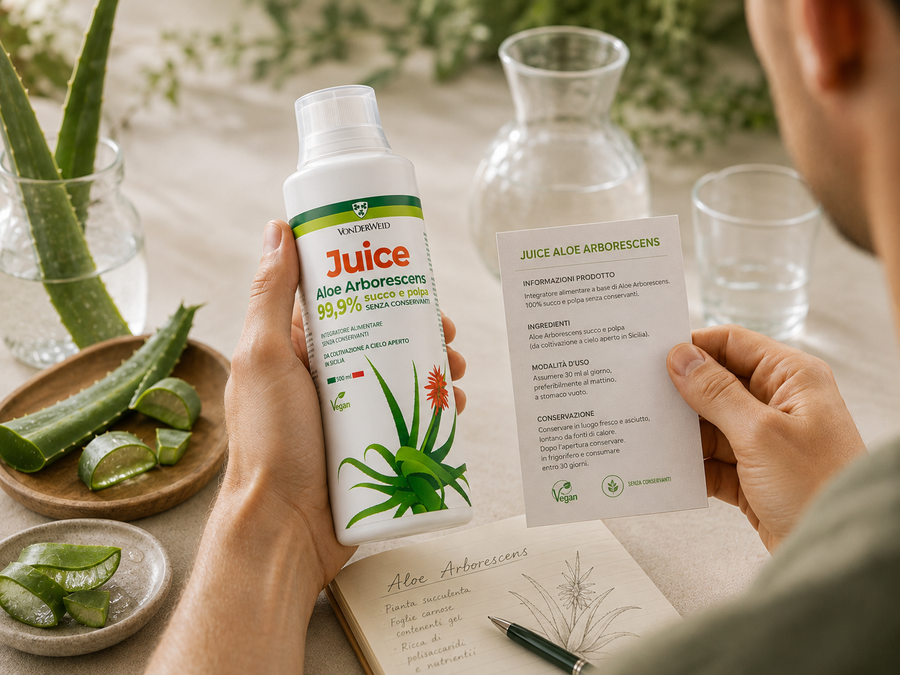 aloe arborescens juice Vonderweid in mano con foglio informativo
