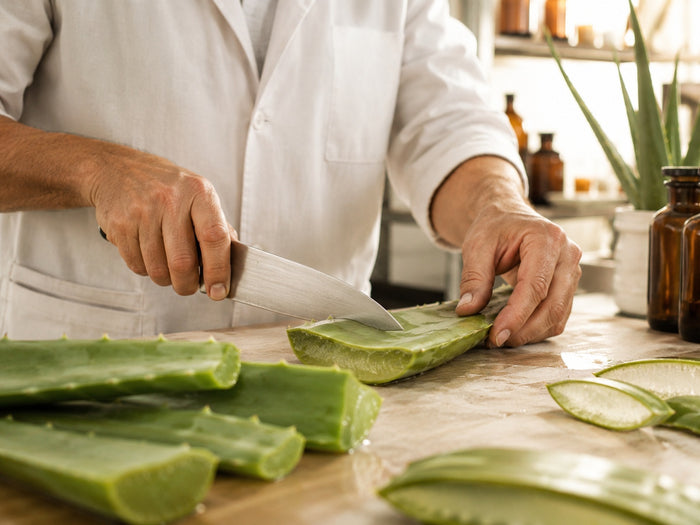 Lavorazione artigianale di foglie di aloe durante la preparazione del gel