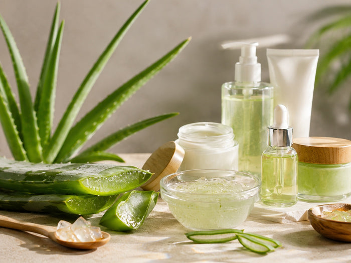 Foglie di aloe e prodotti finiti a base di aloe in una composizione di laboratorio