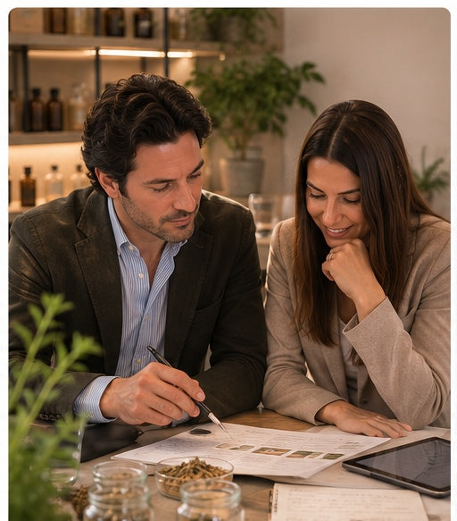 Consulenza iniziale per progetto Private Label con analisi degli obiettivi, delle materie prime e del livello di personalizzazione del prodotto.