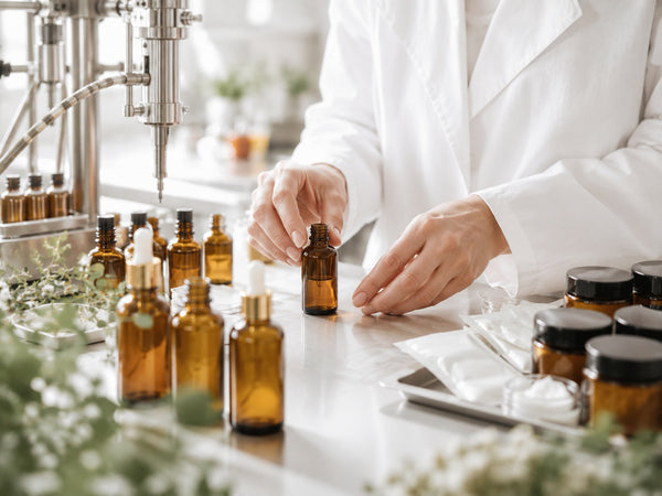 Tecnica di laboratorio prepara il confezionamento di prodotti naturali sulla linea di produzione