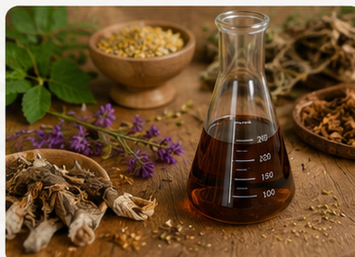 Piante officinali essiccate e fitoestratto liquido durante lo studio del metodo di estrazione