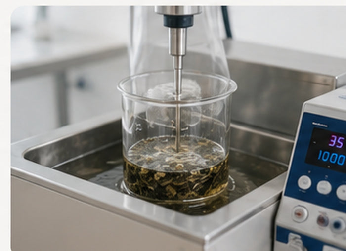 Estrazione ad ultrasuoni di piante officinali in acqua e glicerina nel laboratorio Vonderweid