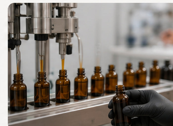 Riempimento di flaconi in vetro ambrato durante la produzione delle tinture madri analcoliche