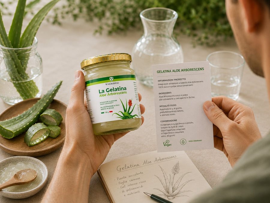 gelatina aloe vera arborescens Vonderweid in mano con foglio informativo