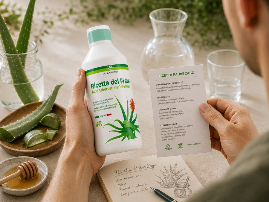 ricetta di padre zago bottiglia aloe arborescens miele Vonderweid in mano con foglio informativo
