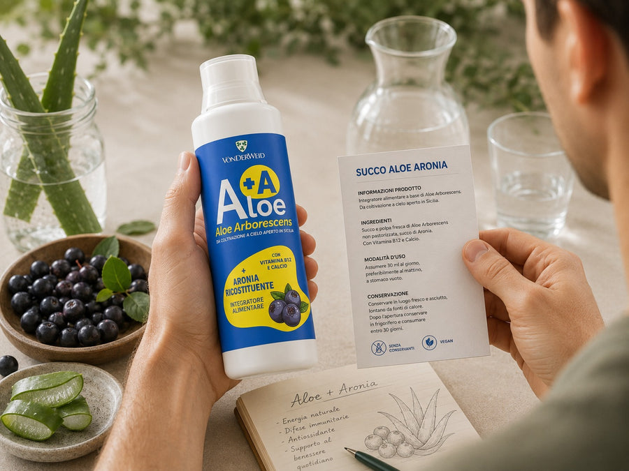aloe aronia Vonderweid in mano con foglio informativo