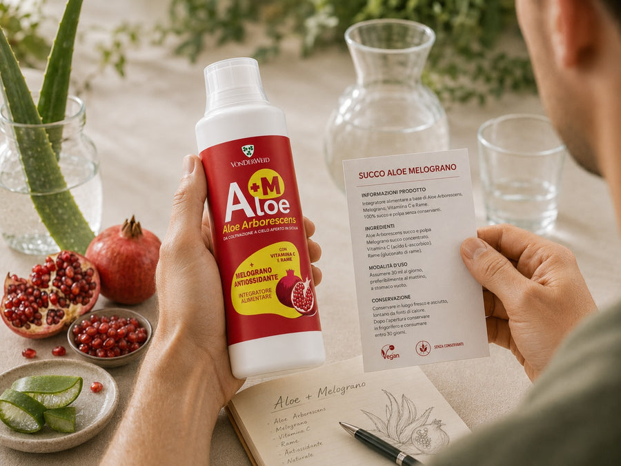 aloe melograno Vonderweid in mano con foglio informativo