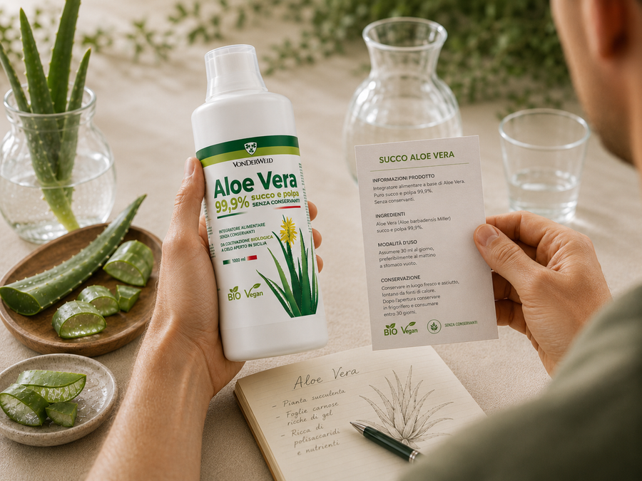 aloe vera succo Vonderweid in mano con foglio informativo