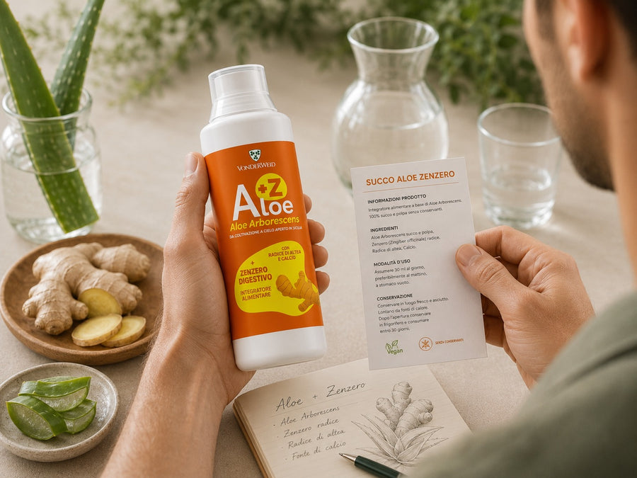 aloe zenzero Vonderweid in mano con foglio informativo