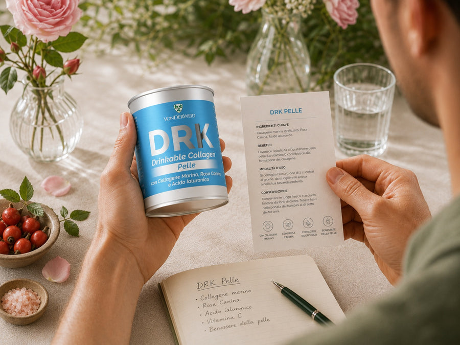 drk collagene pelle Vonderweid in mano con foglio informativo