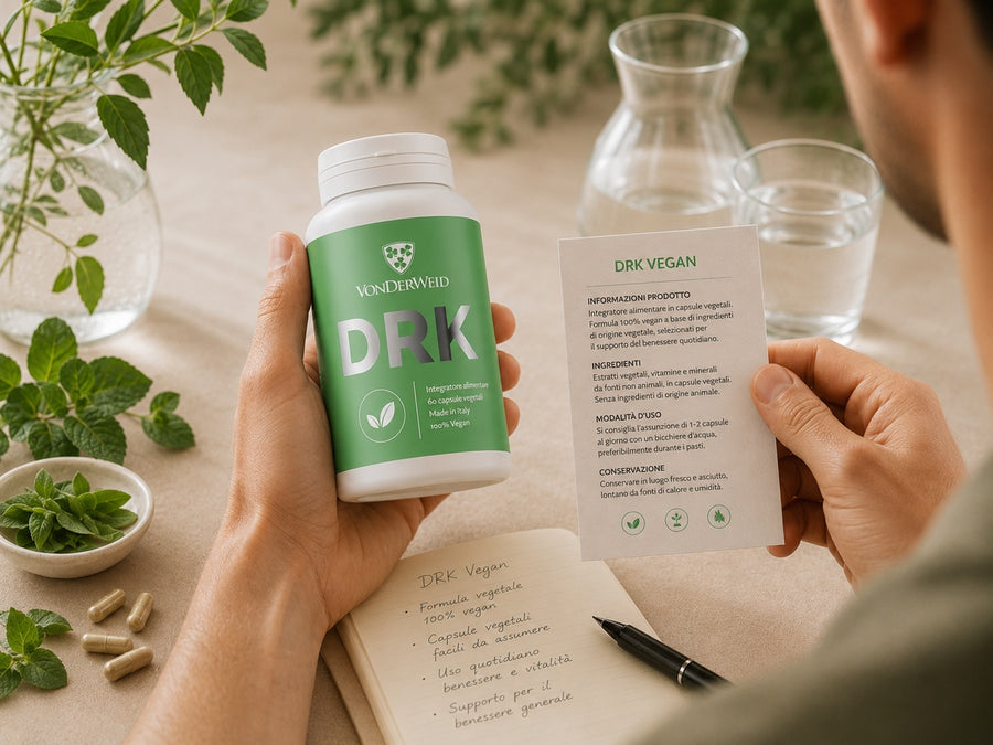 drk vegan capsule Vonderweid in mano con foglio informativo