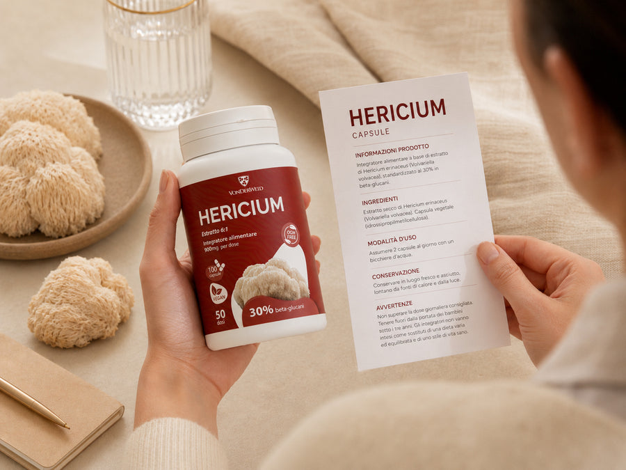 hericium capsule Vonderweid in mano con foglio informativo