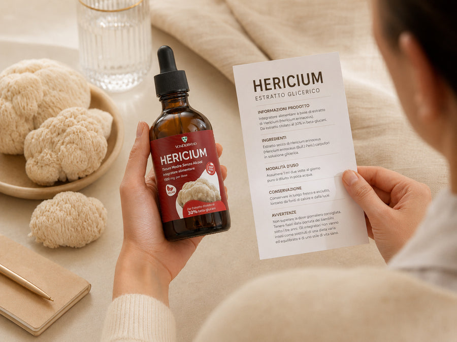 hericium tintura analcolica Vonderweid in mano con foglio informativo