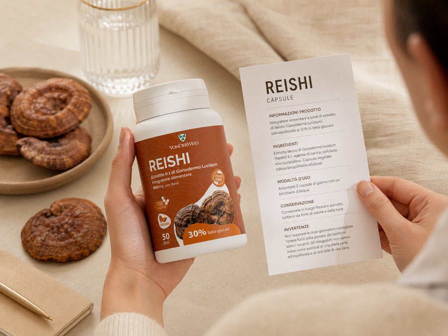 reishi capsule Vonderweid in mano con foglio informativo