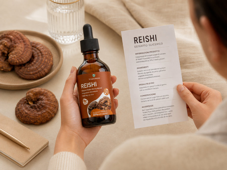 reishi tintura analcolica Vonderweid in mano con foglio informativo