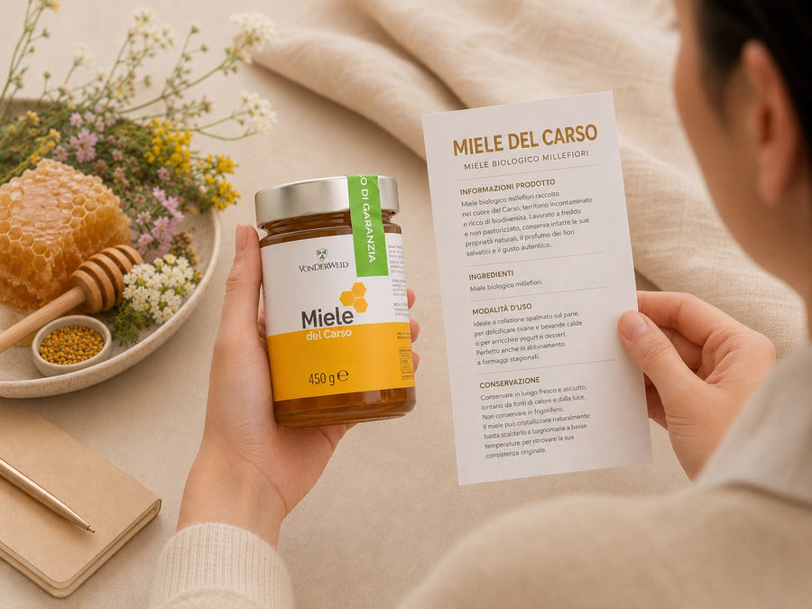 miele millefiori Vonderweid in mano con foglio informativo