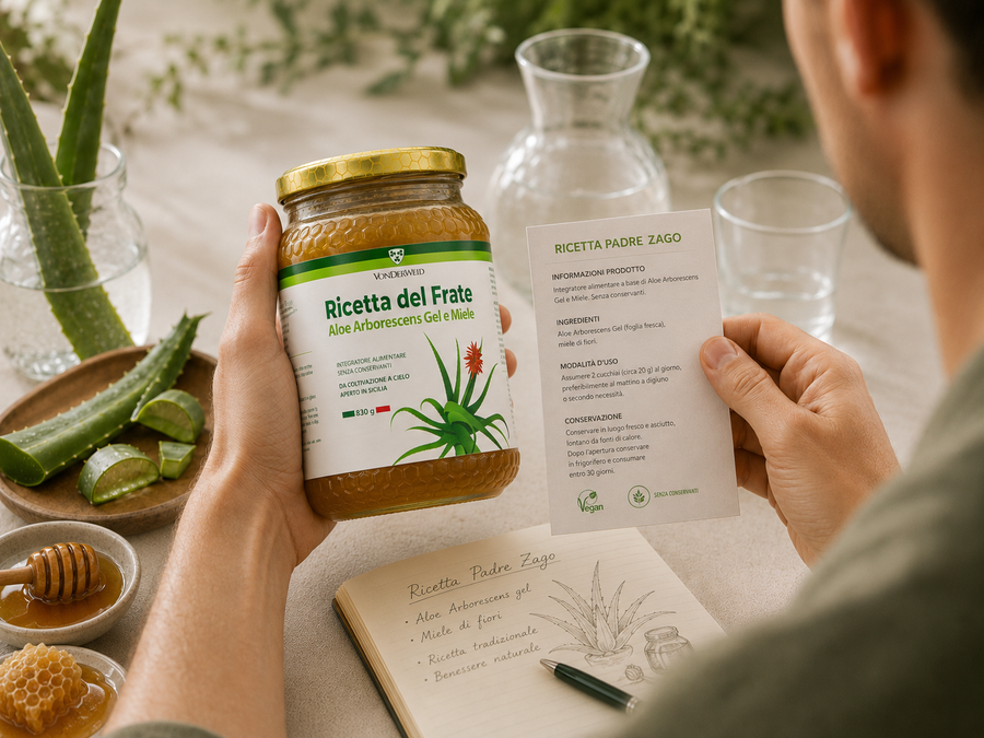 ricetta di padre zago vaso aloe arborescens miele Vonderweid in mano con foglio informativo
